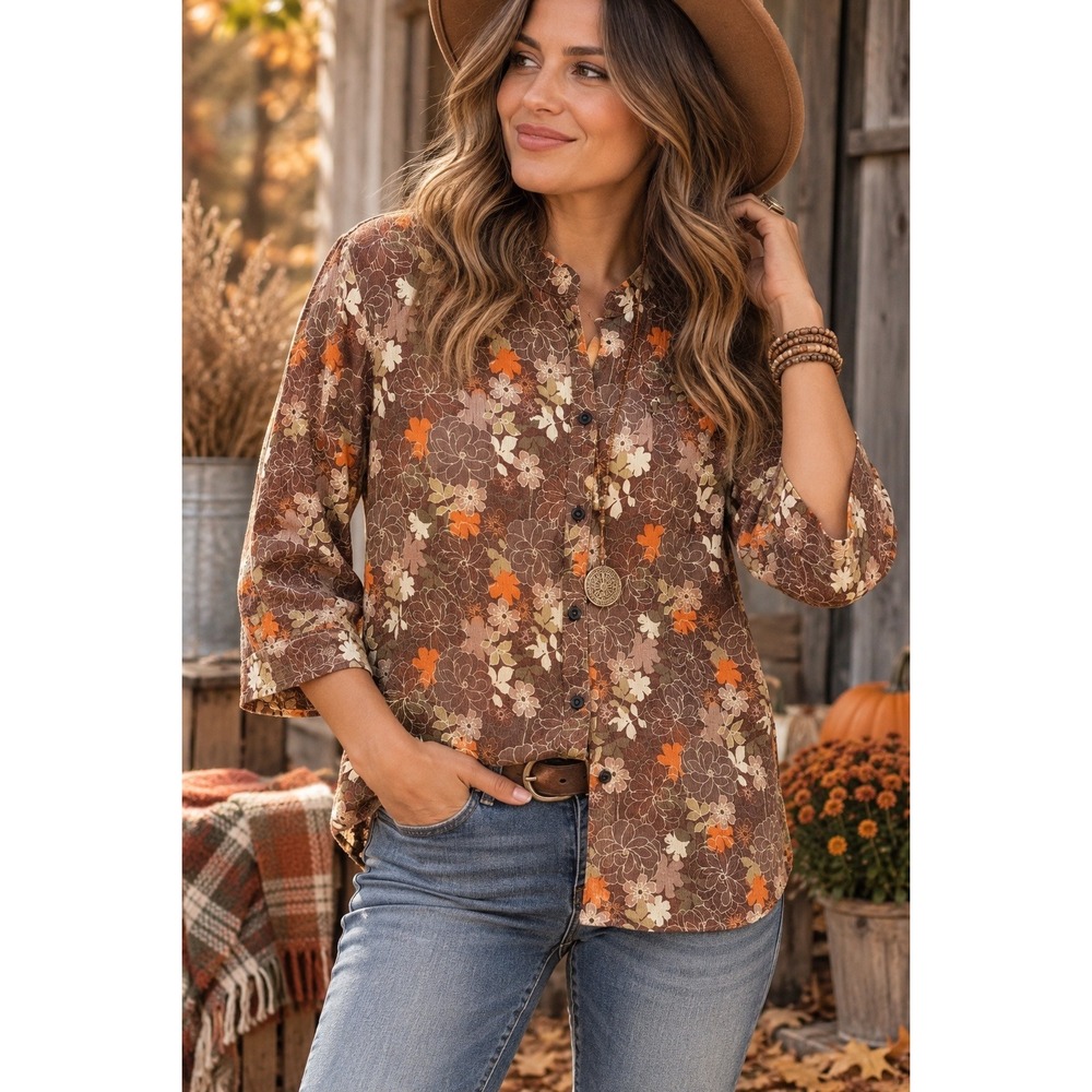Croft & Barrow Brown Floral Cotton Button Down Shirt Mandarin Collar Size S boho